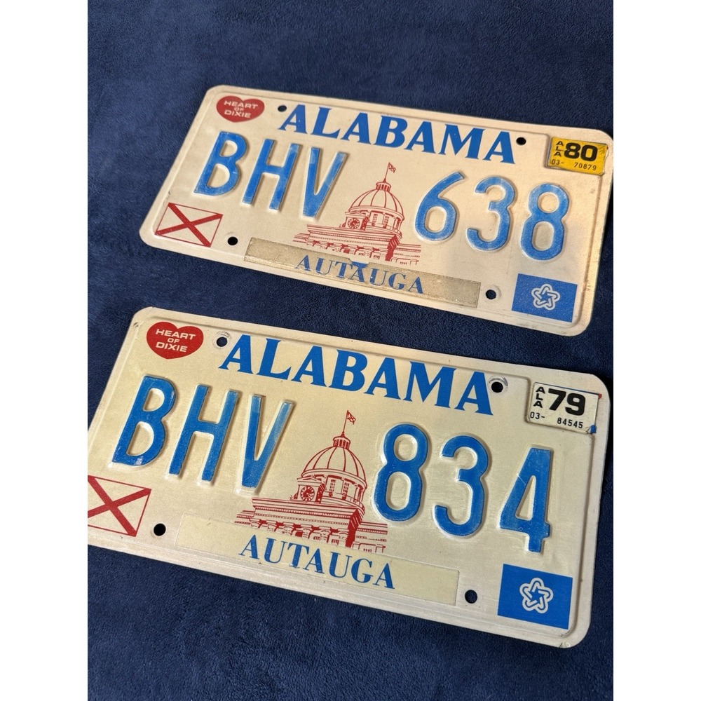 Vtg 1970s Alabama License Plates Set Heart of Dixie Autauga Movie Prop OG Paint